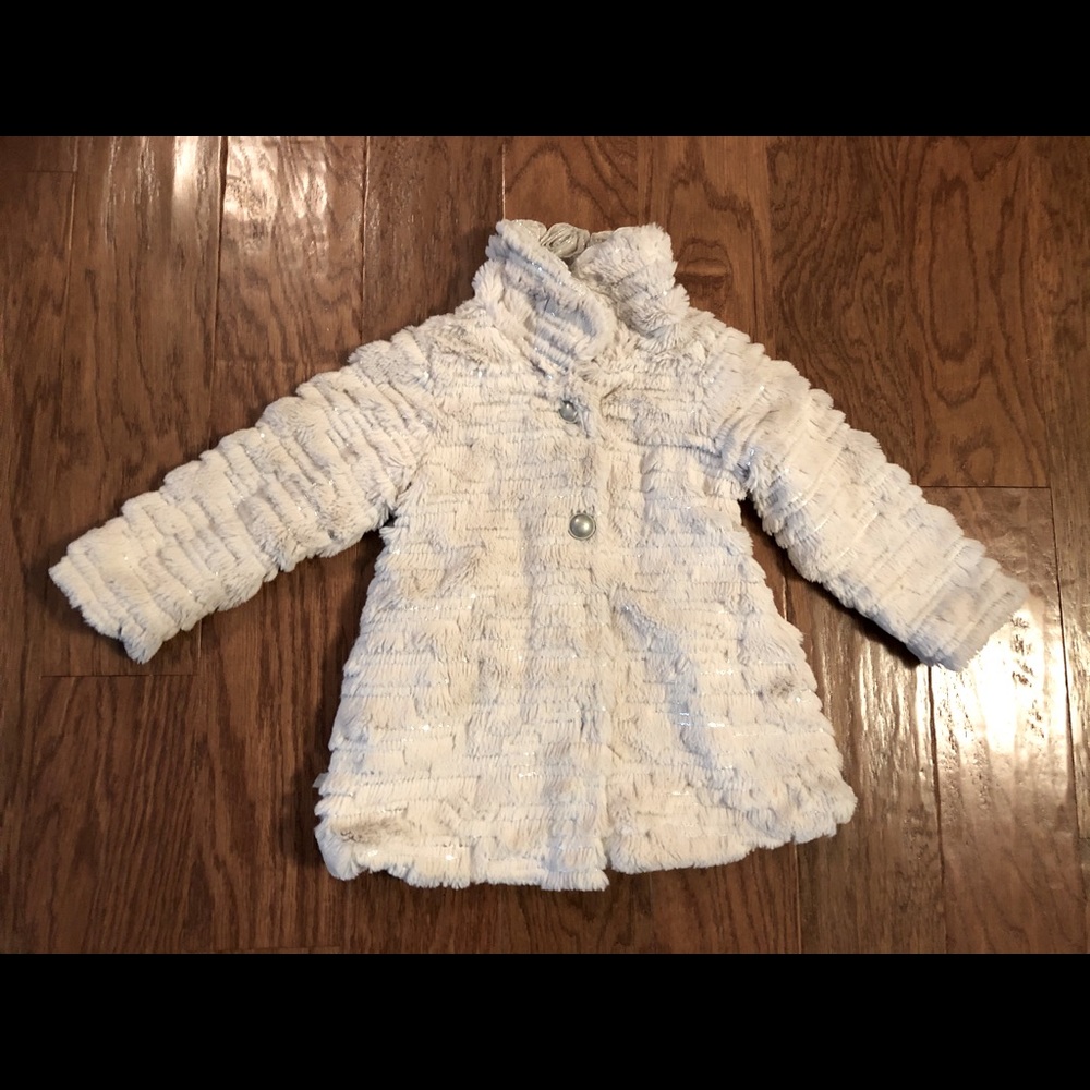 Faux fur formal evening coat with silver sequins.